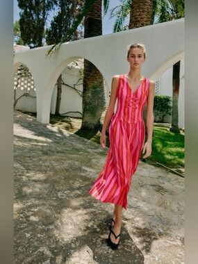 Zara Pink & Fuchsia Striped V-Neck Midi Dress